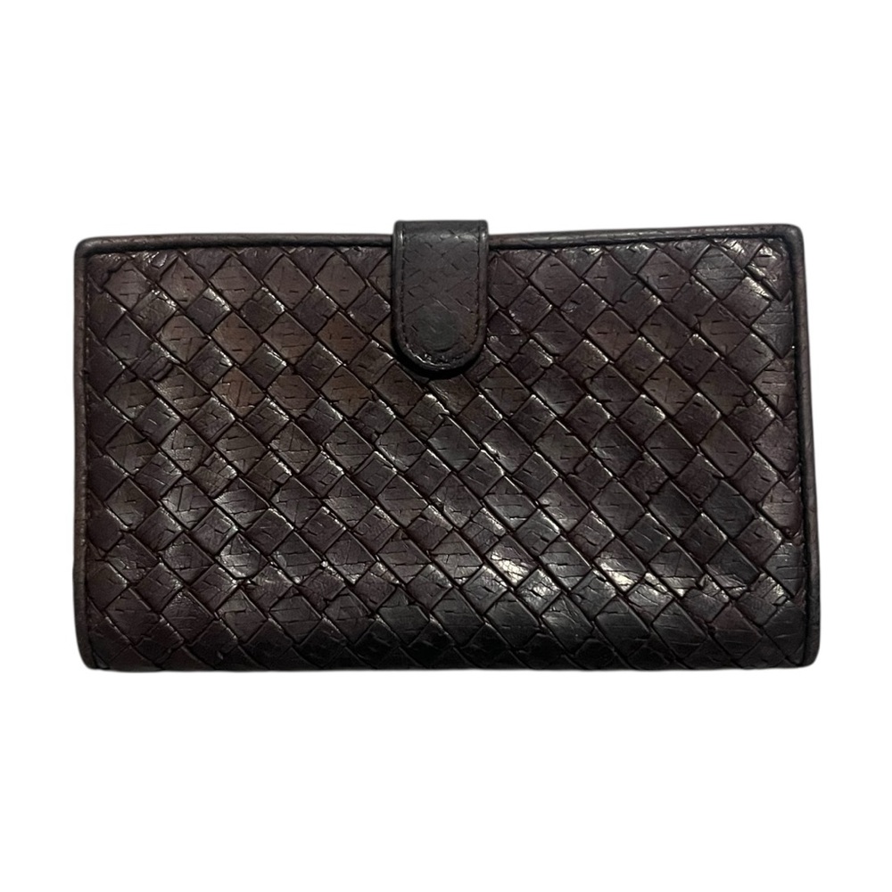 Bottega Veneta Intrecciato Weave Long Wallet Dark Brown Lime Green Leather Italy